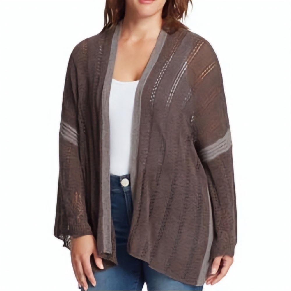 Vintage America Open-Front Two Tone Open Crochet Sweater Sweater Size L